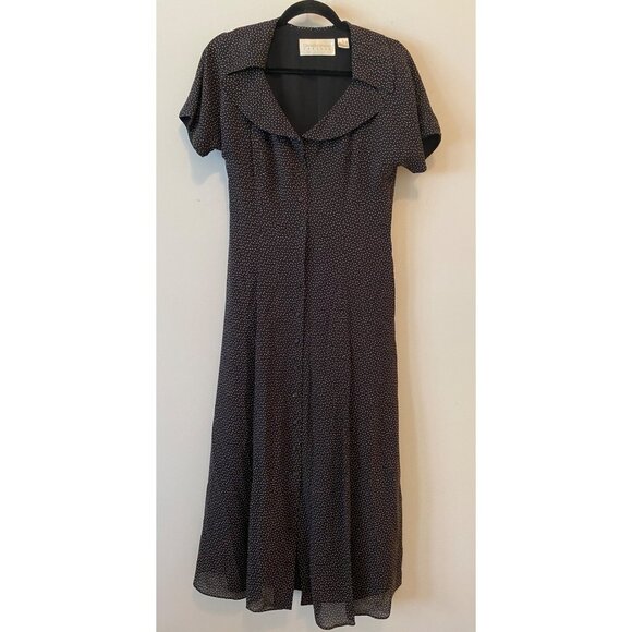 Dana Buchman Dresses & Skirts - Dana Buchman Midi Dress Black White Dots Short Sleeve Collared Buttons up Silk